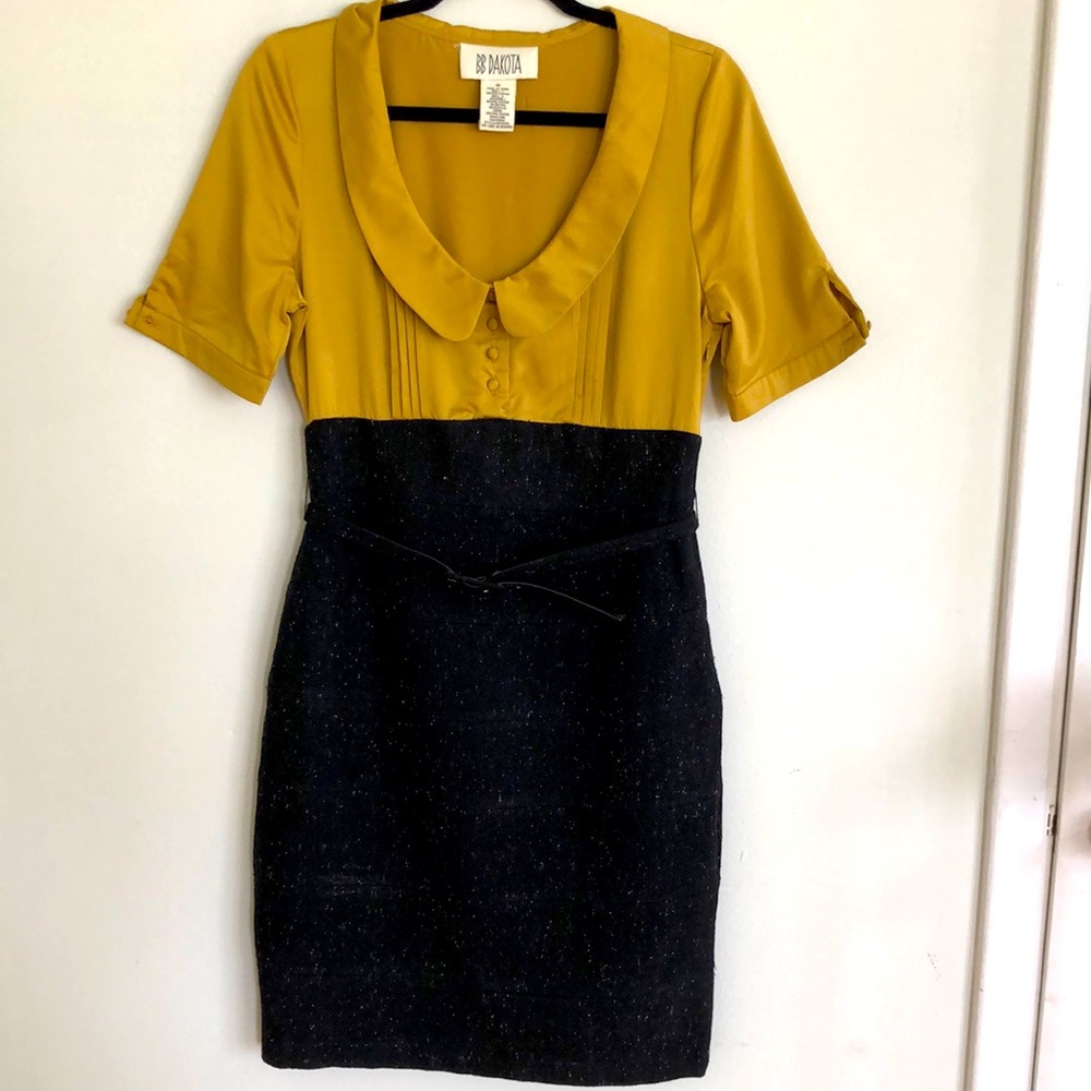 BB Dakota 1960s-Inspired Knee-Length Dress Mustard Yellow & Charcoal